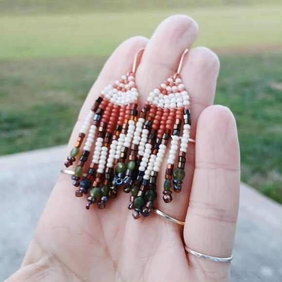 Jade Beaded Fringe Dangle Earrings, Earthy Tones, 2.75" - Picture 5 of 6